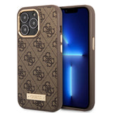 Apple iPhone 15 Pro Max Kılıf Guess Orjinal Lisanslı M-safe Şarj Özellikli 4G Desenli PU Metal Plaka Klasik Logolu Kapak