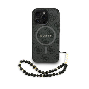 Apple iPhone 15 Pro Max Kılıf Guess Orjinal Lisanslı M-safe Şarj Özellikli PU Deri Bilek Askı İpli Yazı Logolu Kapak