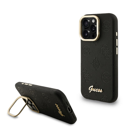 Apple iPhone 15 Pro Max Kılıf Guess Orjinal Lisanslı M-safe Şarj Özellikli Sıcak Baskılı Yazı Logolu Kamera Standlı PU Deri Peony Kapak
