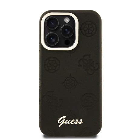 Apple iPhone 15 Pro Max Kılıf Guess Orjinal Lisanslı M-safe Şarj Özellikli Sıcak Baskılı Yazı Logolu Kamera Standlı PU Deri Peony Kapak