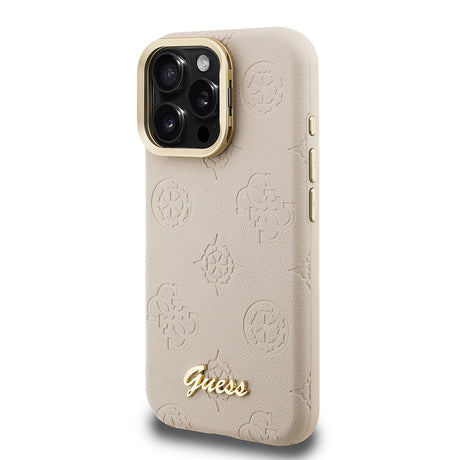 Apple iPhone 15 Pro Max Kılıf Guess Orjinal Lisanslı M-safe Şarj Özellikli Sıcak Baskılı Yazı Logolu Kamera Standlı PU Deri Peony Kapak