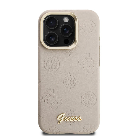Apple iPhone 15 Pro Max Kılıf Guess Orjinal Lisanslı M-safe Şarj Özellikli Sıcak Baskılı Yazı Logolu Kamera Standlı PU Deri Peony Kapak