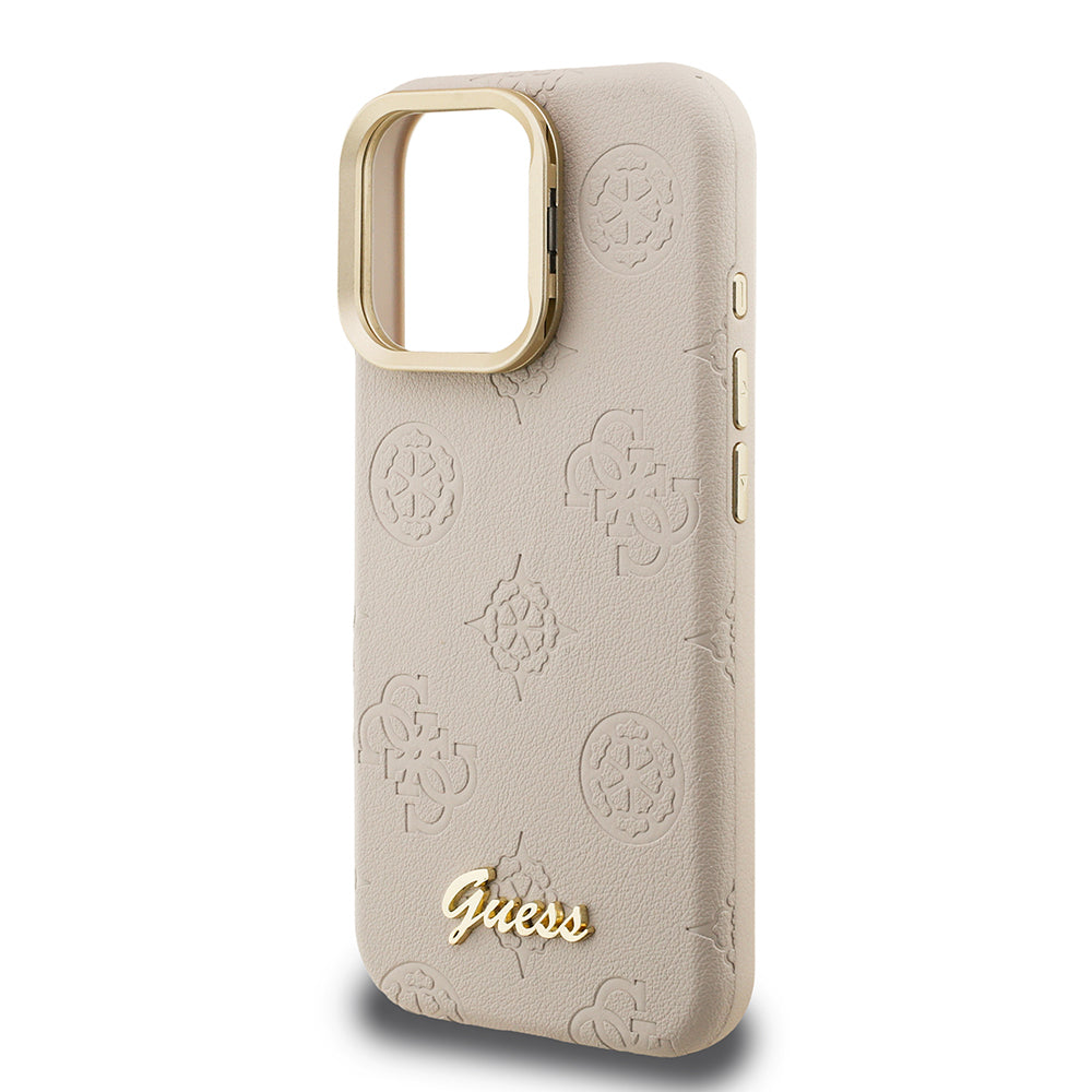 Apple iPhone 15 Pro Max Kılıf Guess Orjinal Lisanslı M-safe Şarj Özellikli Sıcak Baskılı Yazı Logolu Kamera Standlı PU Deri Peony Kapak
