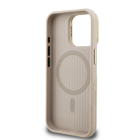 Apple iPhone 15 Pro Max Kılıf Guess Orjinal Lisanslı M-safe Şarj Özellikli Sıcak Baskılı Yazı Logolu Kamera Standlı PU Deri Peony Kapak