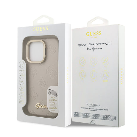Apple iPhone 15 Pro Max Kılıf Guess Orjinal Lisanslı M-safe Şarj Özellikli Sıcak Baskılı Yazı Logolu Kamera Standlı PU Deri Peony Kapak
