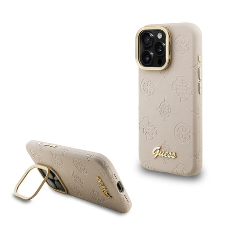 Apple iPhone 15 Pro Max Kılıf Guess Orjinal Lisanslı M-safe Şarj Özellikli Sıcak Baskılı Yazı Logolu Kamera Standlı PU Deri Peony Kapak