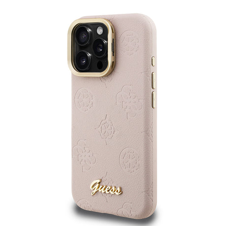 Apple iPhone 15 Pro Max Kılıf Guess Orjinal Lisanslı M-safe Şarj Özellikli Sıcak Baskılı Yazı Logolu Kamera Standlı PU Deri Peony Kapak