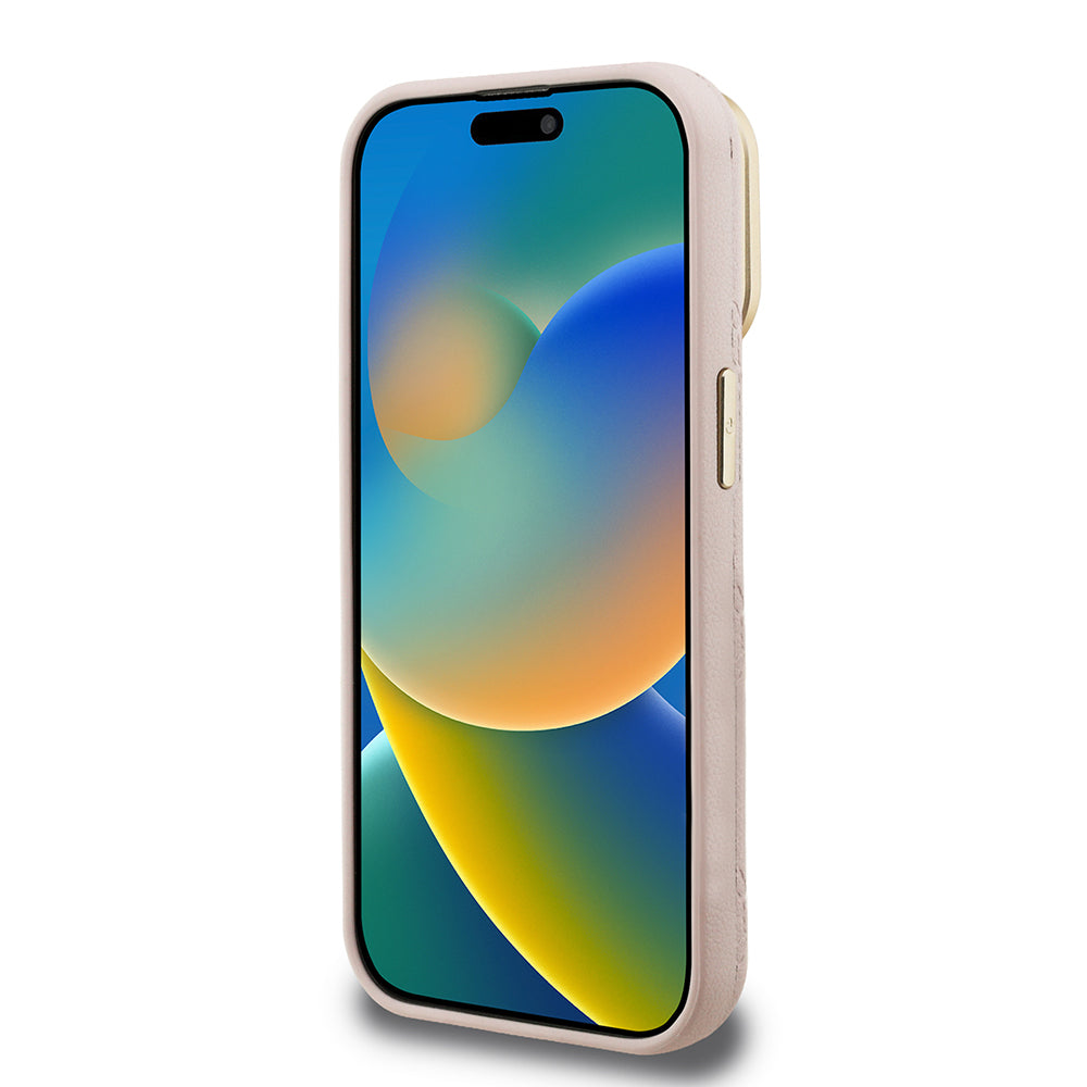 Apple iPhone 15 Pro Max Kılıf Guess Orjinal Lisanslı M-safe Şarj Özellikli Sıcak Baskılı Yazı Logolu Kamera Standlı PU Deri Peony Kapak