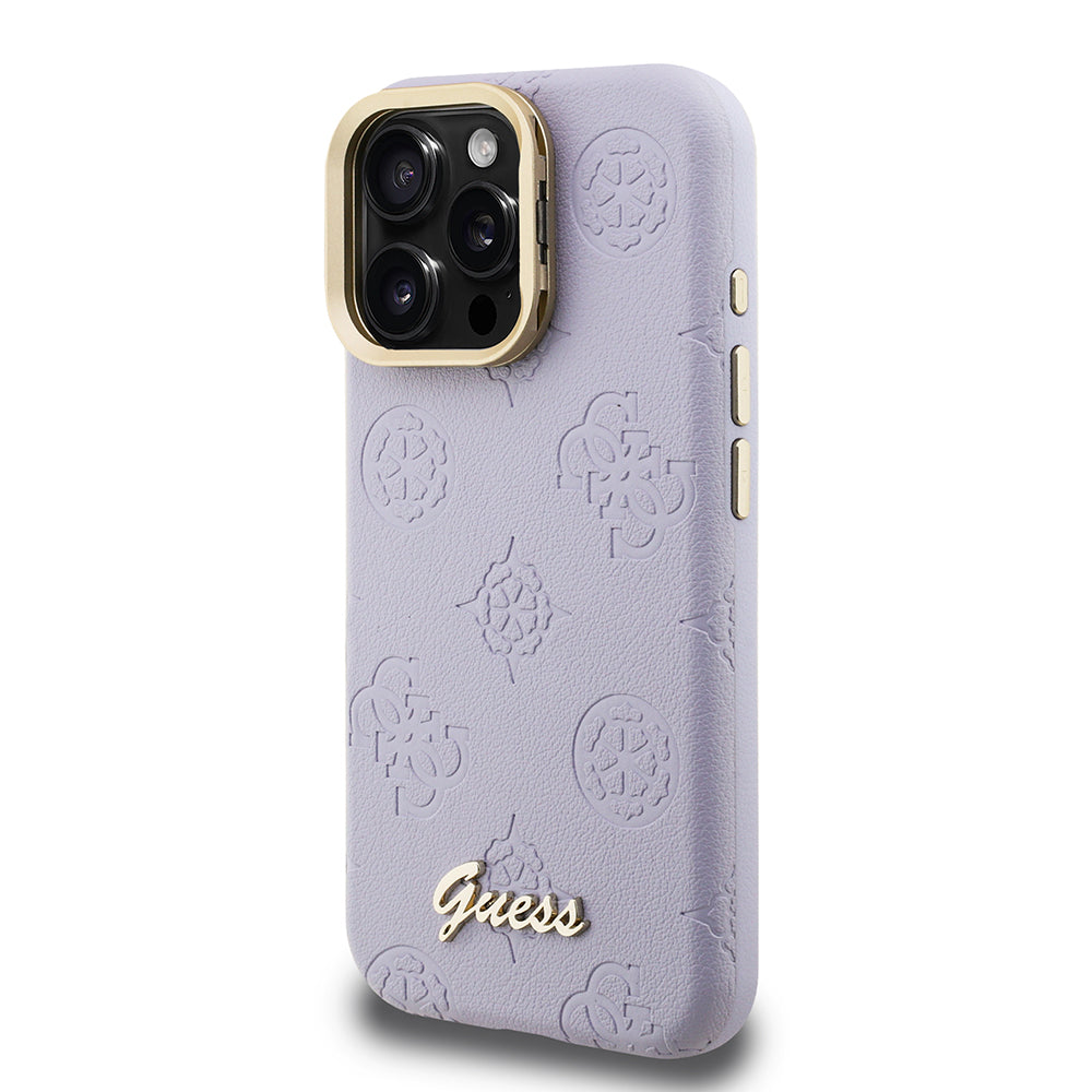 Apple iPhone 15 Pro Max Kılıf Guess Orjinal Lisanslı M-safe Şarj Özellikli Sıcak Baskılı Yazı Logolu Kamera Standlı PU Deri Peony Kapak