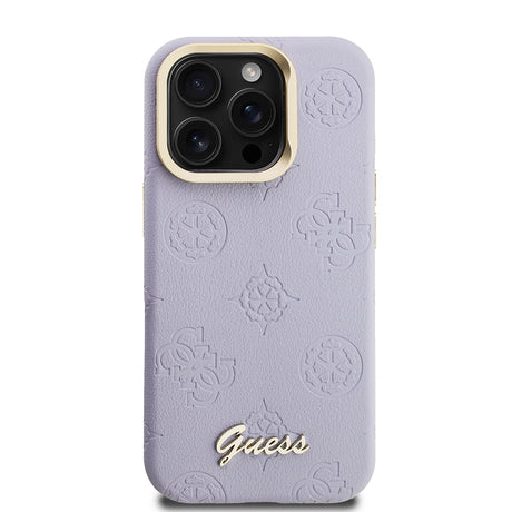Apple iPhone 15 Pro Max Kılıf Guess Orjinal Lisanslı M-safe Şarj Özellikli Sıcak Baskılı Yazı Logolu Kamera Standlı PU Deri Peony Kapak
