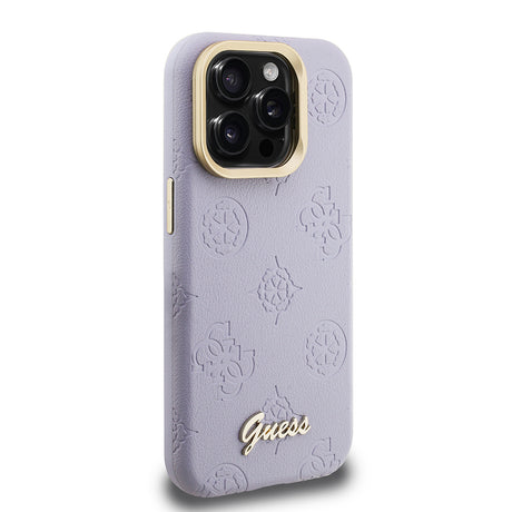 Apple iPhone 15 Pro Max Kılıf Guess Orjinal Lisanslı M-safe Şarj Özellikli Sıcak Baskılı Yazı Logolu Kamera Standlı PU Deri Peony Kapak
