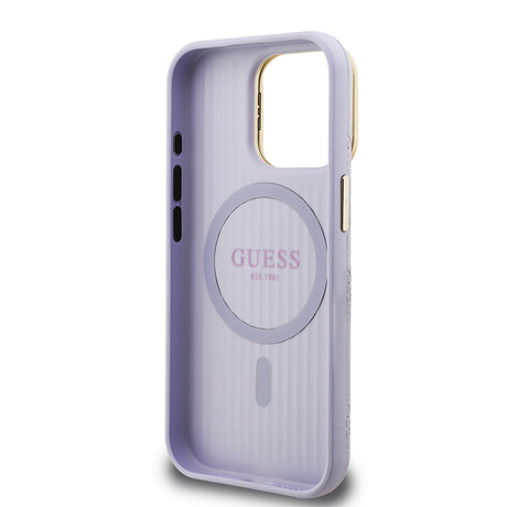 Apple iPhone 15 Pro Max Kılıf Guess Orjinal Lisanslı M-safe Şarj Özellikli Sıcak Baskılı Yazı Logolu Kamera Standlı PU Deri Peony Kapak