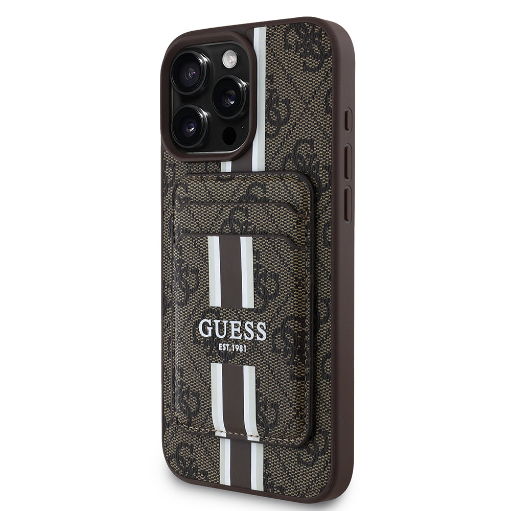 Apple iPhone 15 Pro Max Kılıf Guess Orjinal Lisanslı M-safe Şarj Özellikli 4G Desenli Çizgili Kartlıklı Kapak