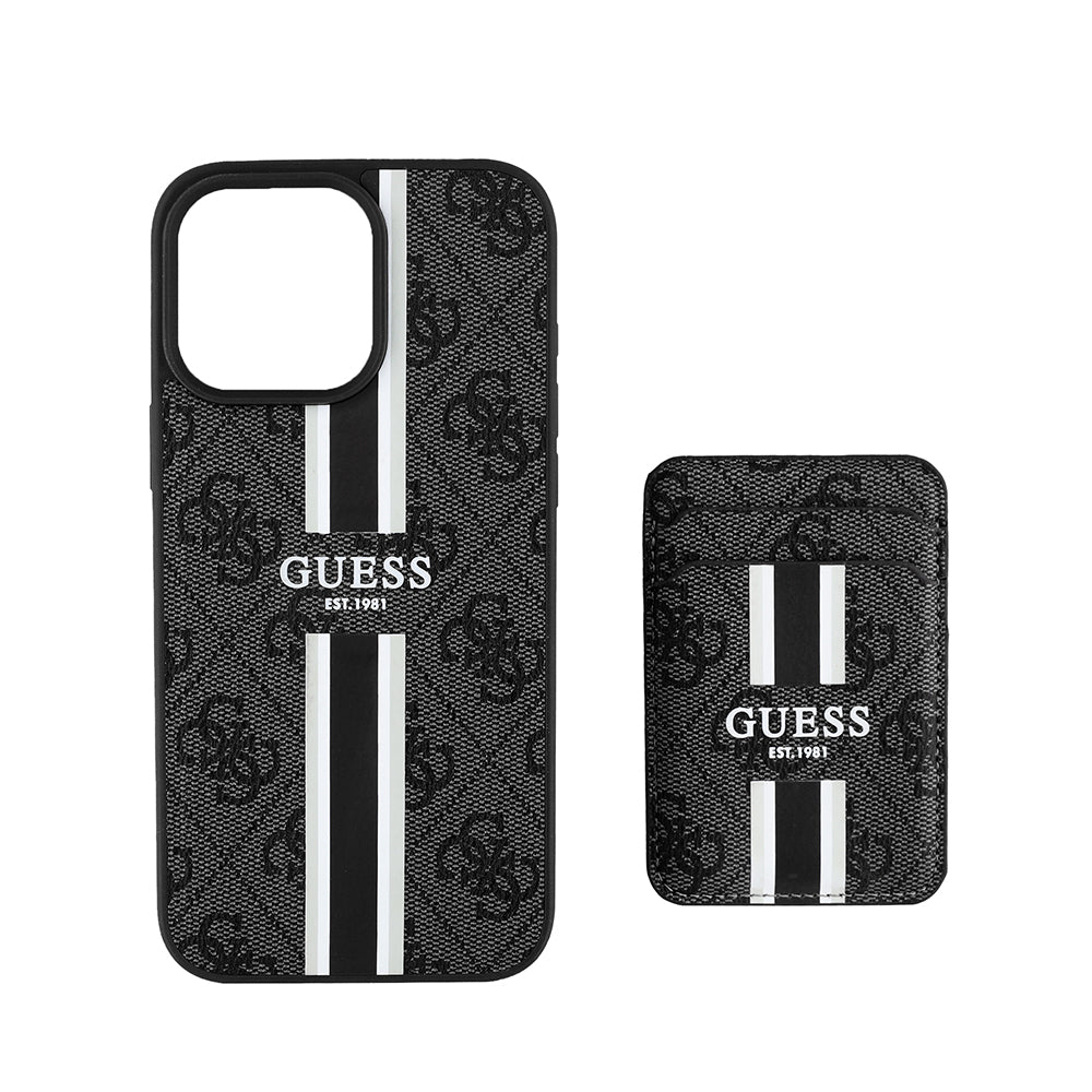 Apple iPhone 15 Pro Max Kılıf Guess Orjinal Lisanslı M-safe Şarj Özellikli 4G Desenli Çizgili Kartlıklı Kapak