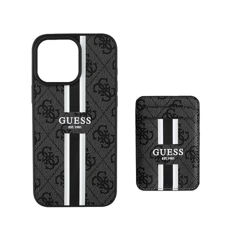 Apple iPhone 15 Pro Max Kılıf Guess Orjinal Lisanslı M-safe Şarj Özellikli 4G Desenli Çizgili Kartlıklı Kapak