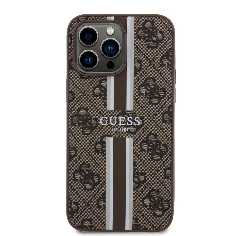 Apple iPhone 15 Pro Max Kılıf Guess Orjinal Lisanslı M-safe Şarj Özellikli 4G Şerit Tasarımlı Printed Kapak