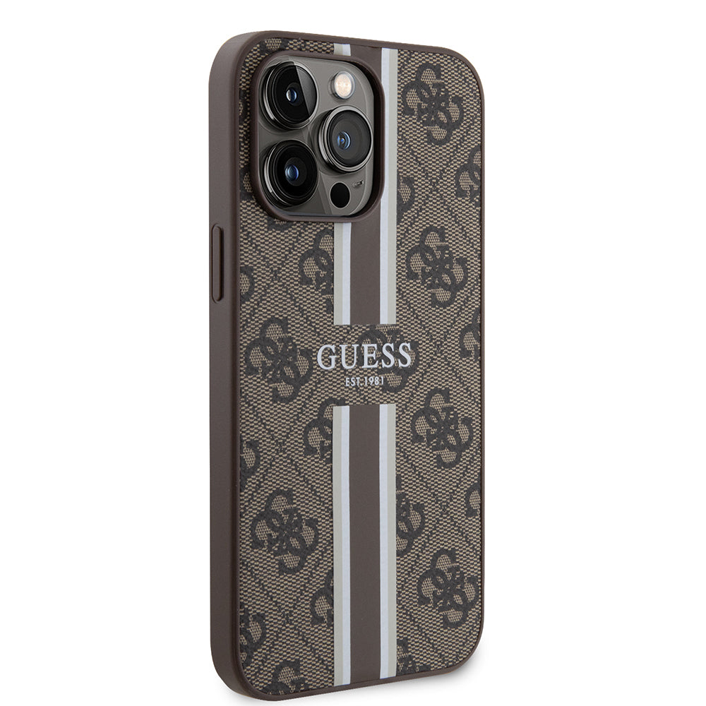 Apple iPhone 15 Pro Max Kılıf Guess Orjinal Lisanslı M-safe Şarj Özellikli 4G Şerit Tasarımlı Printed Kapak