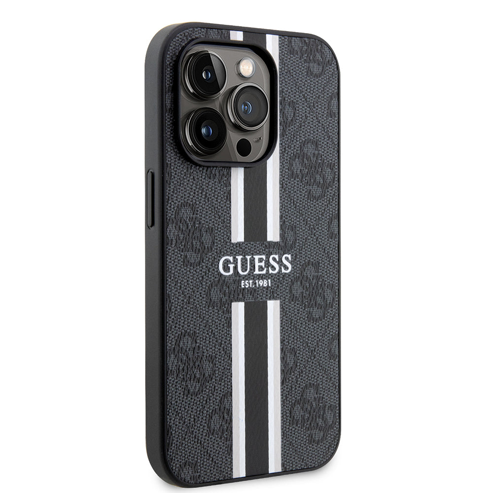 Apple iPhone 15 Pro Max Kılıf Guess Orjinal Lisanslı M-safe Şarj Özellikli 4G Şerit Tasarımlı Printed Kapak
