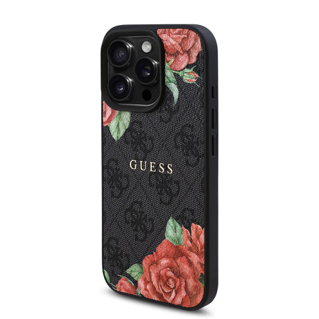 Apple iPhone 15 Pro Max Kılıf Guess Orjinal Lisanslı M-safe Şarj Özellikli Gül Baskılı 4G Desenli Yazı Logolu Kapak