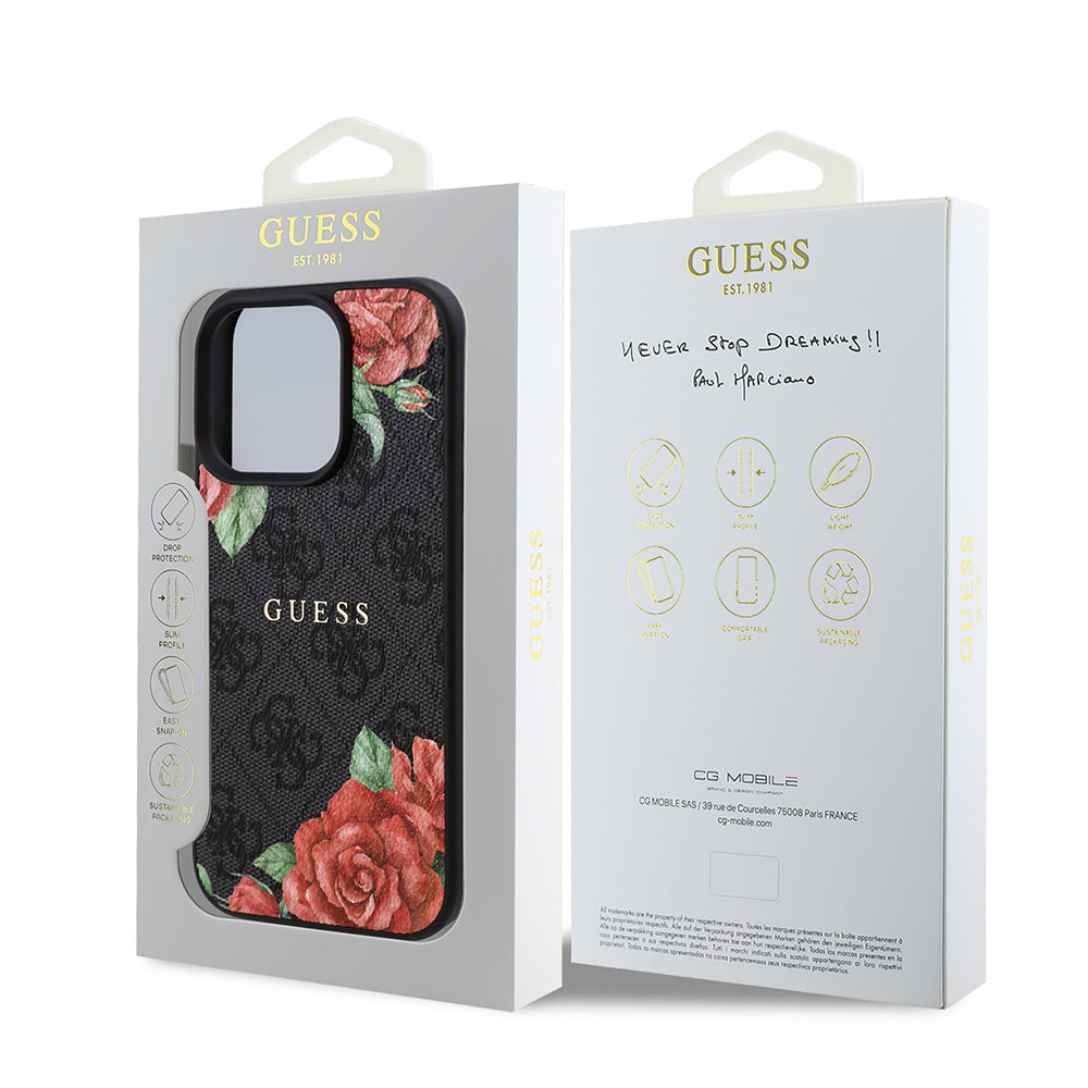 Apple iPhone 15 Pro Max Kılıf Guess Orjinal Lisanslı M-safe Şarj Özellikli Gül Baskılı 4G Desenli Yazı Logolu Kapak