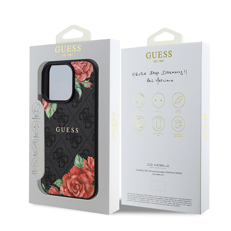 Apple iPhone 15 Pro Max Kılıf Guess Orjinal Lisanslı M-safe Şarj Özellikli Gül Baskılı 4G Desenli Yazı Logolu Kapak