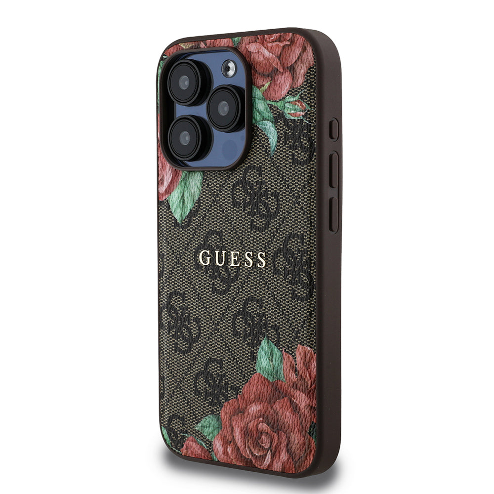 Apple iPhone 15 Pro Max Kılıf Guess Orjinal Lisanslı M-safe Şarj Özellikli Gül Baskılı 4G Desenli Yazı Logolu Kapak