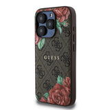 Apple iPhone 15 Pro Max Kılıf Guess Orjinal Lisanslı M-safe Şarj Özellikli Gül Baskılı 4G Desenli Yazı Logolu Kapak