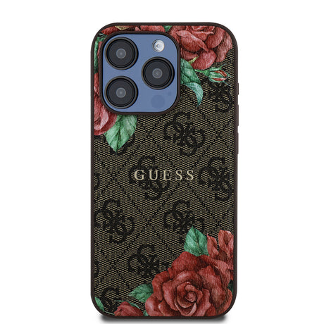 Apple iPhone 15 Pro Max Kılıf Guess Orjinal Lisanslı M-safe Şarj Özellikli Gül Baskılı 4G Desenli Yazı Logolu Kapak