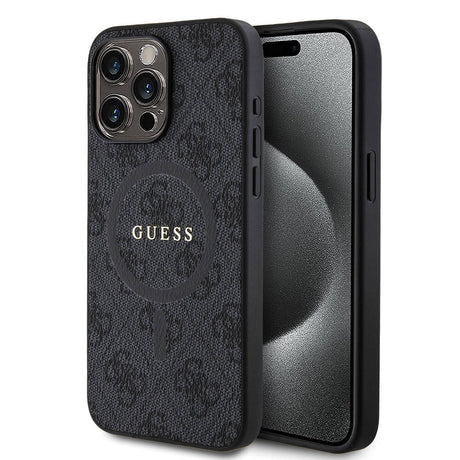 Apple iPhone 15 Pro Max Kılıf Guess Orjinal Lisanslı M-safe Şarj Özellikli PU Halkalı 4G Desenli Yazı Logolu Kapak