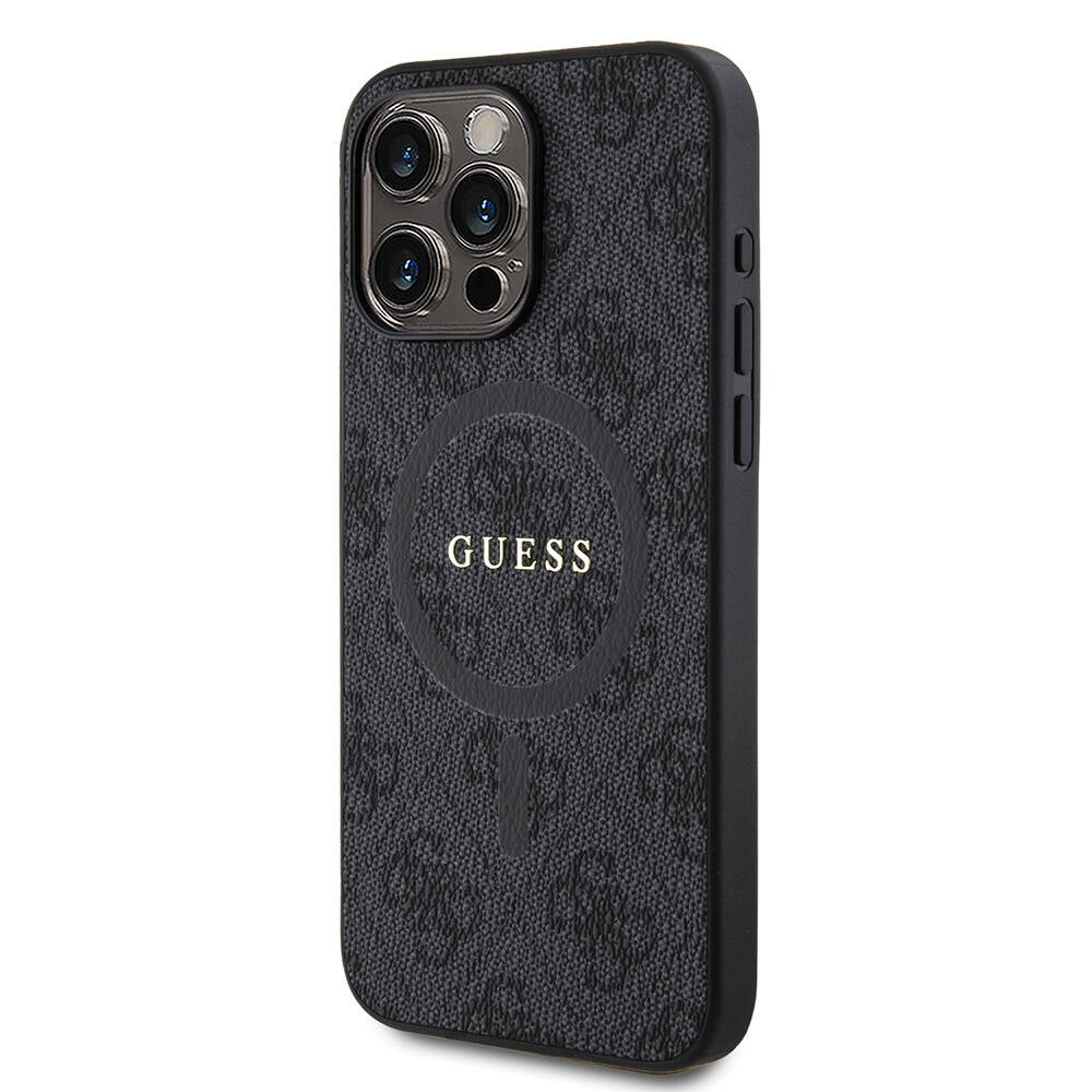 Apple iPhone 15 Pro Max Kılıf Guess Orjinal Lisanslı M-safe Şarj Özellikli PU Halkalı 4G Desenli Yazı Logolu Kapak