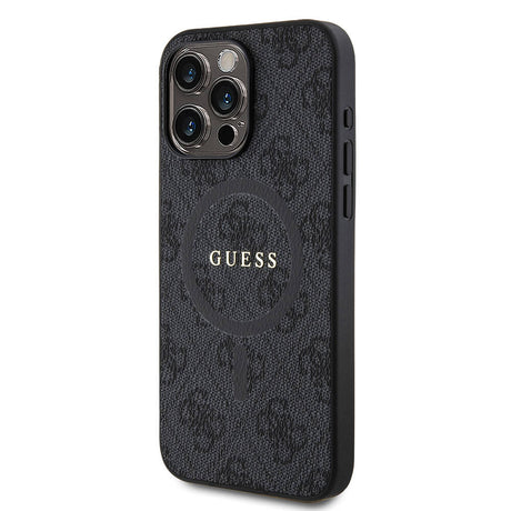 Apple iPhone 15 Pro Max Kılıf Guess Orjinal Lisanslı M-safe Şarj Özellikli PU Halkalı 4G Desenli Yazı Logolu Kapak