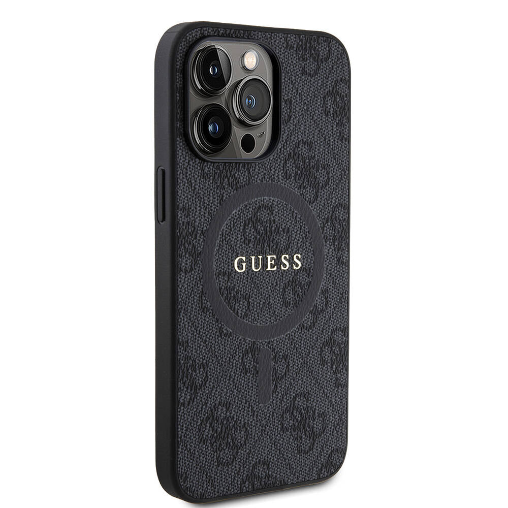 Apple iPhone 15 Pro Max Kılıf Guess Orjinal Lisanslı M-safe Şarj Özellikli PU Halkalı 4G Desenli Yazı Logolu Kapak