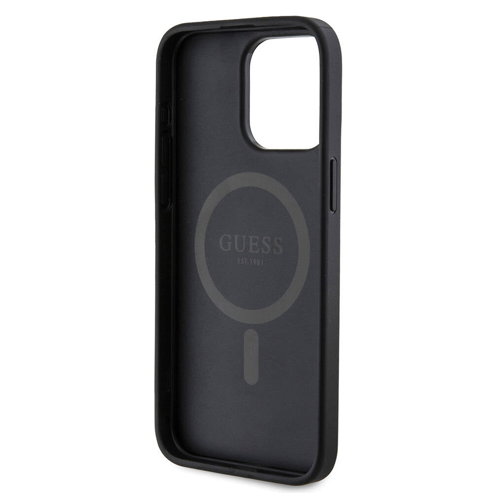 Apple iPhone 15 Pro Max Kılıf Guess Orjinal Lisanslı M-safe Şarj Özellikli PU Halkalı 4G Desenli Yazı Logolu Kapak