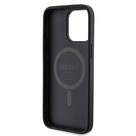 Apple iPhone 15 Pro Max Kılıf Guess Orjinal Lisanslı M-safe Şarj Özellikli PU Halkalı 4G Desenli Yazı Logolu Kapak