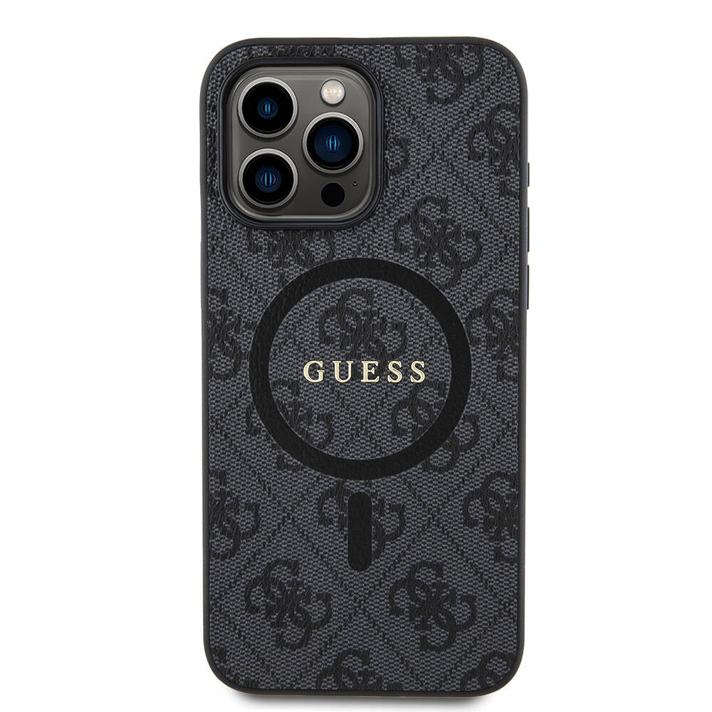 Apple iPhone 15 Pro Max Kılıf Guess Orjinal Lisanslı M-safe Şarj Özellikli PU Halkalı 4G Desenli Yazı Logolu Kapak