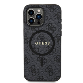 Apple iPhone 15 Pro Max Kılıf Guess Orjinal Lisanslı M-safe Şarj Özellikli PU Halkalı 4G Desenli Yazı Logolu Kapak