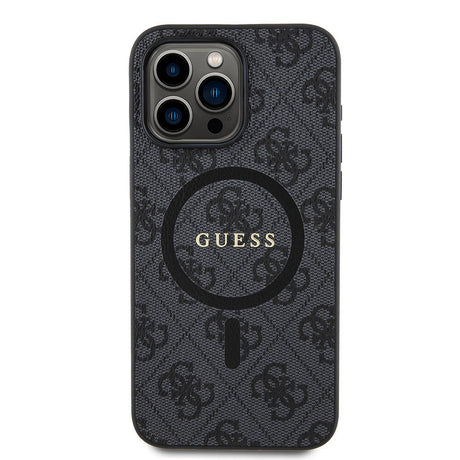 Apple iPhone 15 Pro Max Kılıf Guess Orjinal Lisanslı M-safe Şarj Özellikli PU Halkalı 4G Desenli Yazı Logolu Kapak