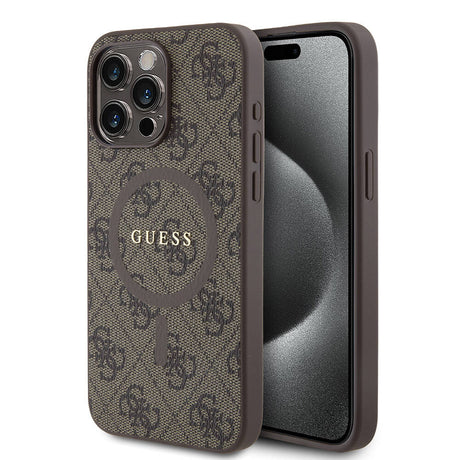 Apple iPhone 15 Pro Max Kılıf Guess Orjinal Lisanslı M-safe Şarj Özellikli PU Halkalı 4G Desenli Yazı Logolu Kapak