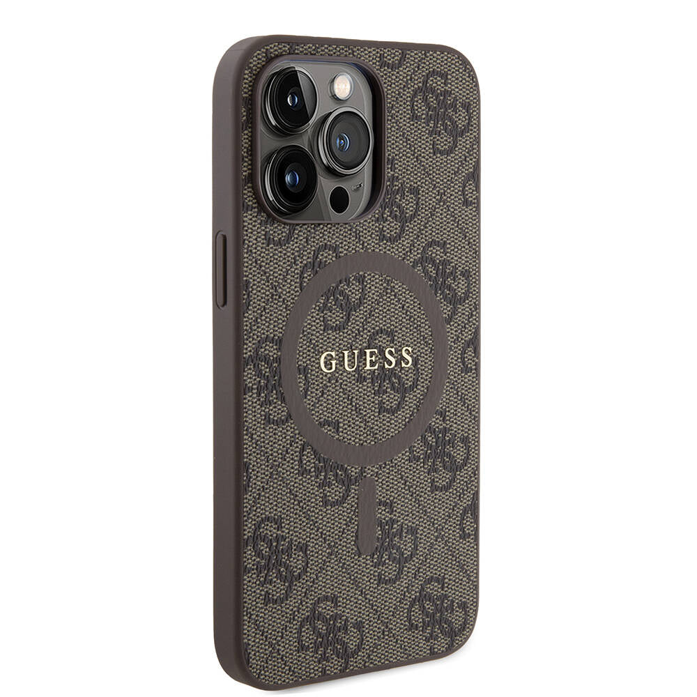 Apple iPhone 15 Pro Max Kılıf Guess Orjinal Lisanslı M-safe Şarj Özellikli PU Halkalı 4G Desenli Yazı Logolu Kapak