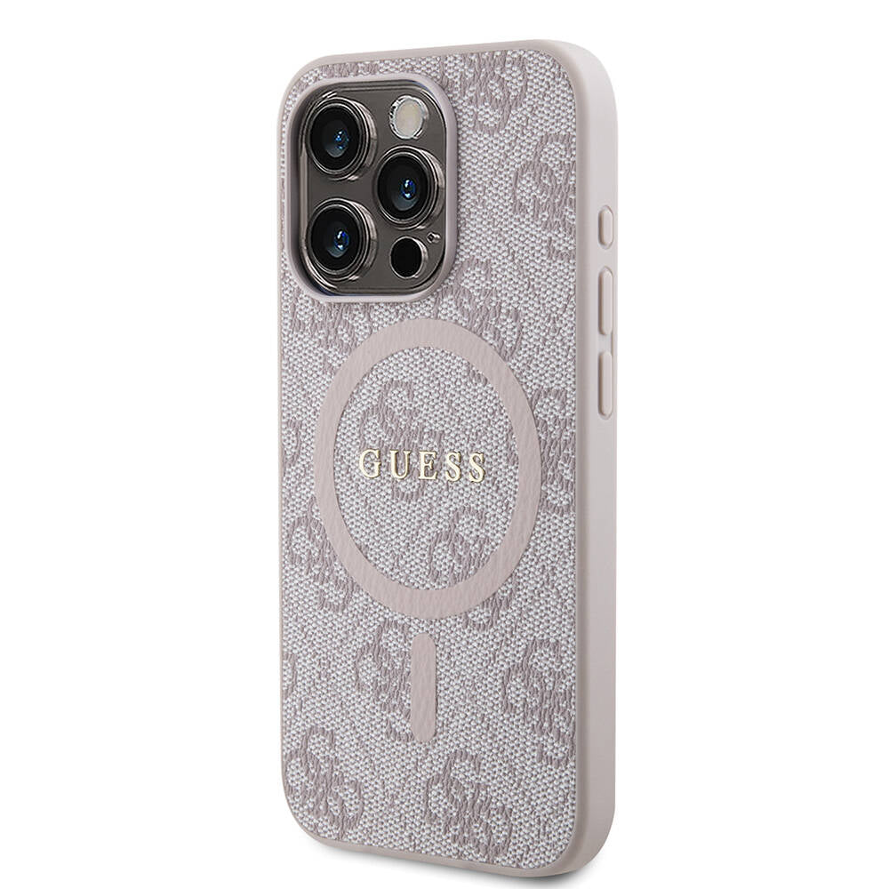 Apple iPhone 15 Pro Max Kılıf Guess Orjinal Lisanslı M-safe Şarj Özellikli PU Halkalı 4G Desenli Yazı Logolu Kapak