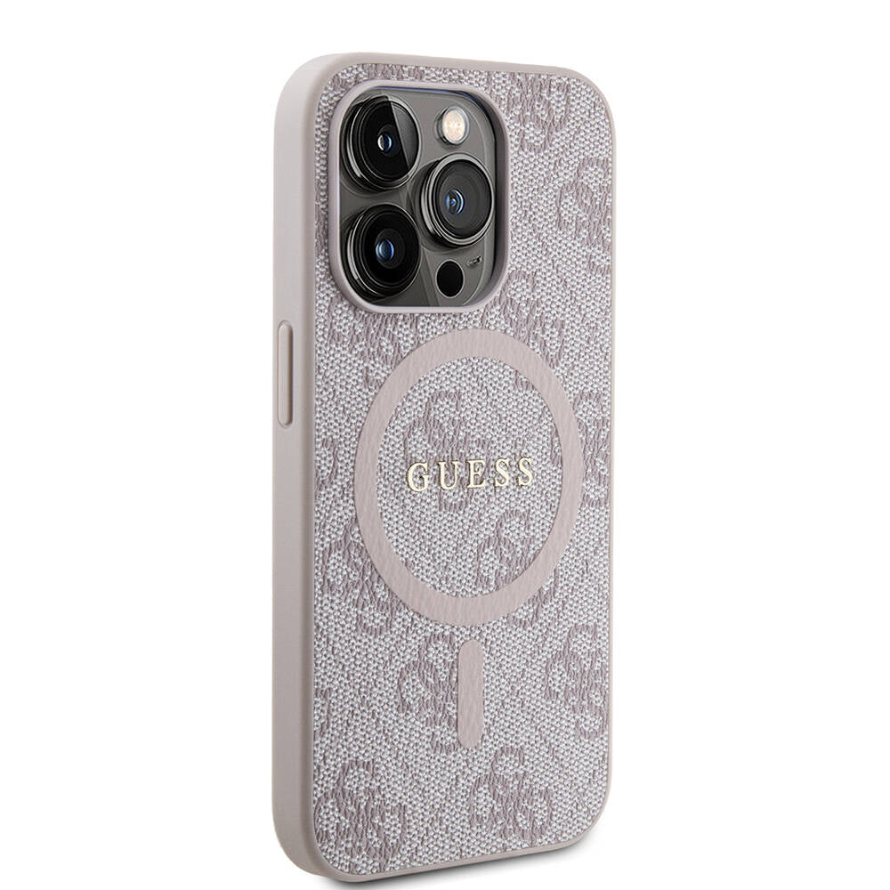 Apple iPhone 15 Pro Max Kılıf Guess Orjinal Lisanslı M-safe Şarj Özellikli PU Halkalı 4G Desenli Yazı Logolu Kapak