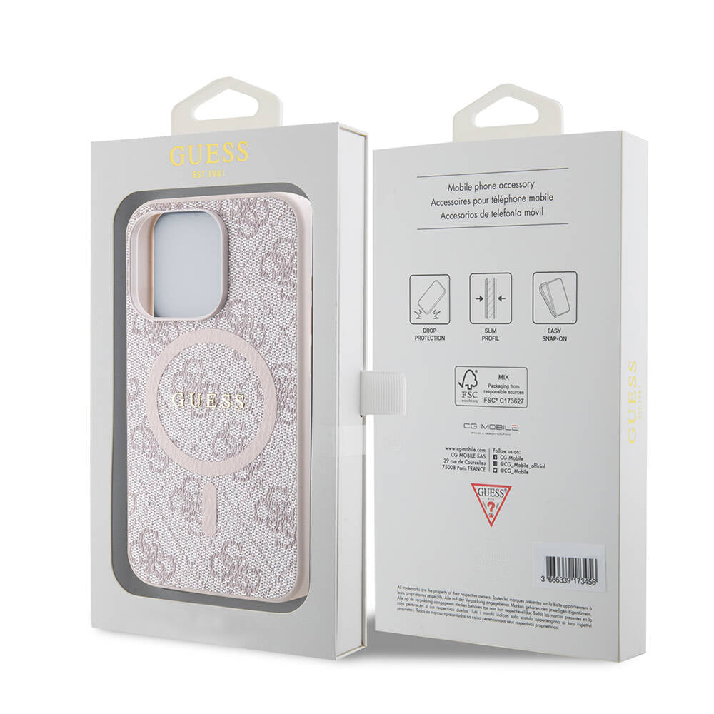 Apple iPhone 15 Pro Max Kılıf Guess Orjinal Lisanslı M-safe Şarj Özellikli PU Halkalı 4G Desenli Yazı Logolu Kapak