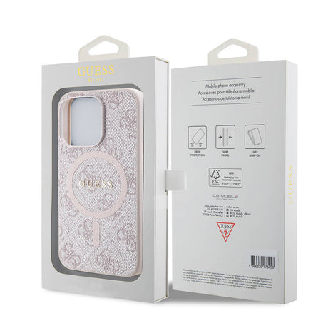 Apple iPhone 15 Pro Max Kılıf Guess Orjinal Lisanslı M-safe Şarj Özellikli PU Halkalı 4G Desenli Yazı Logolu Kapak