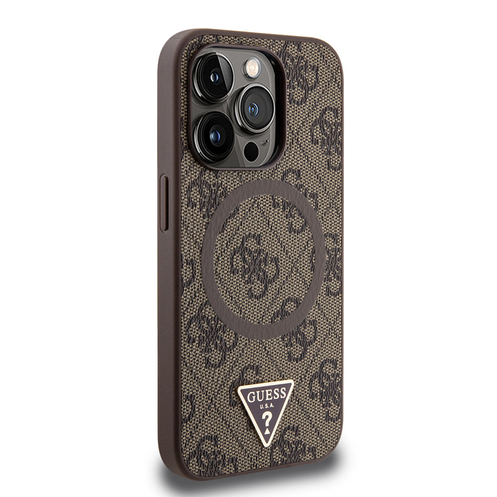 Apple iPhone 15 Pro Max Kılıf Guess Orjinal Lisanslı M-safe Şarj Özellikli PU Üçgen Logo 4G Desenli Kapak