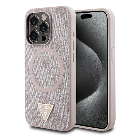 Apple iPhone 15 Pro Max Kılıf Guess Orjinal Lisanslı M-safe Şarj Özellikli PU Üçgen Logo 4G Desenli Kapak