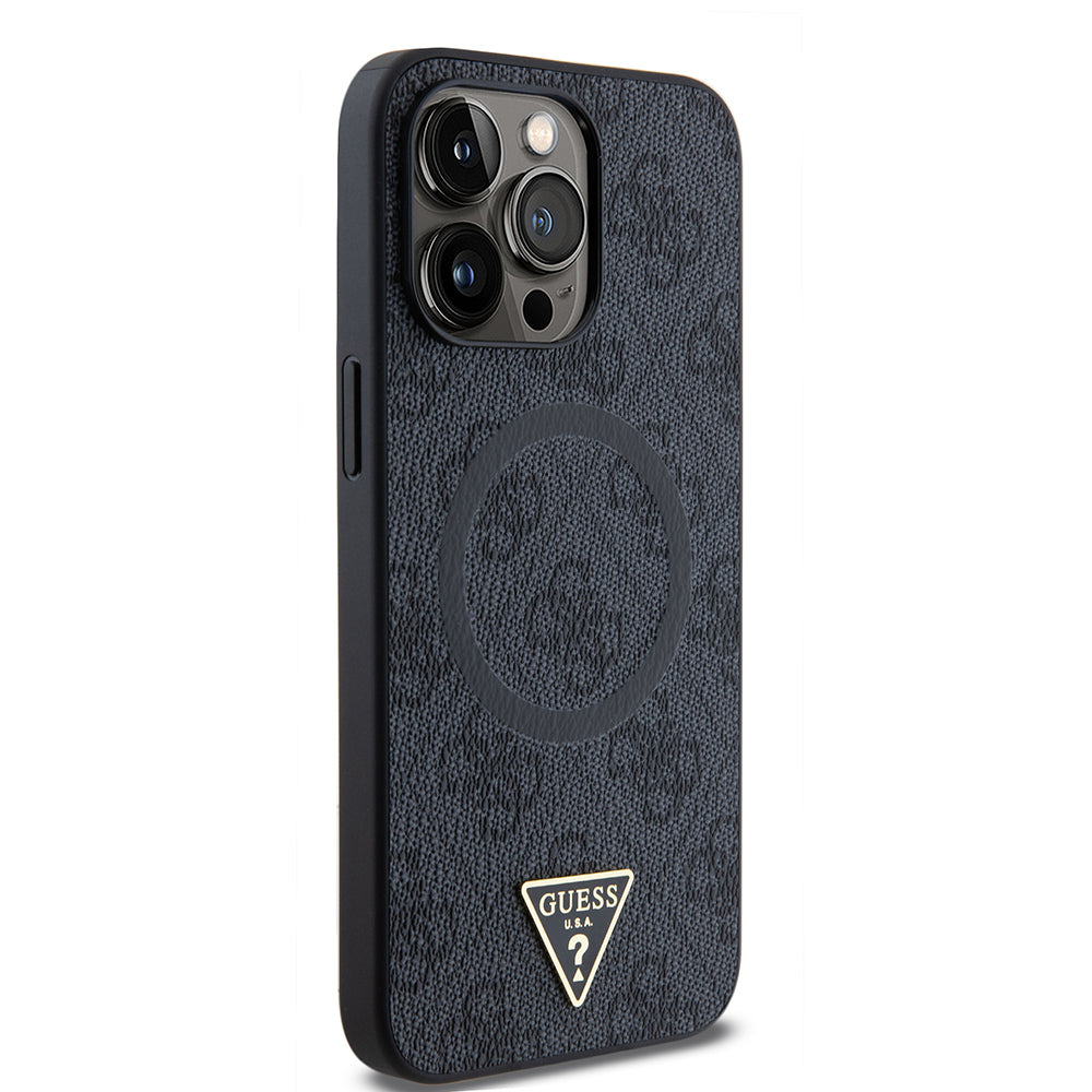 Apple iPhone 15 Pro Max Kılıf Guess Orjinal Lisanslı M-safe Şarj Özellikli PU Üçgen Logo 4G Desenli Kapak