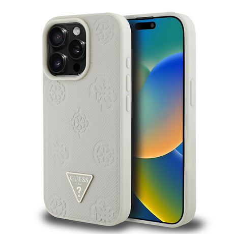 Apple iPhone 15 Pro Max Kılıf Guess Orjinal Lisanslı M-safe Şarj Özellikli Sıcak Baskılı Üçgen Logolu PU Deri Peony Kapak