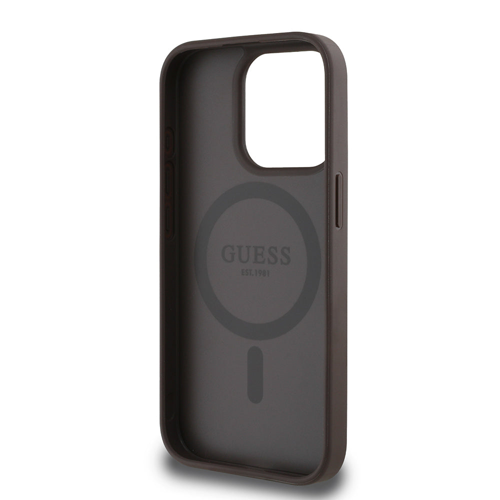 Apple iPhone 15 Pro Max Kılıf Guess Orjinal Lisanslı M-safe Şarj Özellikli Sıcak Baskılı Üçgen Logolu PU Deri Peony Kapak