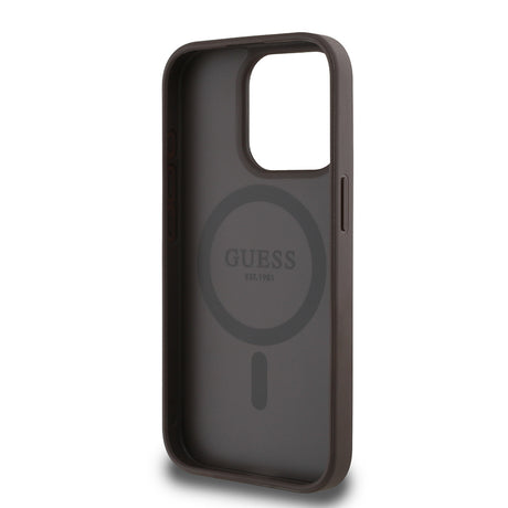 Apple iPhone 15 Pro Max Kılıf Guess Orjinal Lisanslı M-safe Şarj Özellikli Sıcak Baskılı Üçgen Logolu PU Deri Peony Kapak