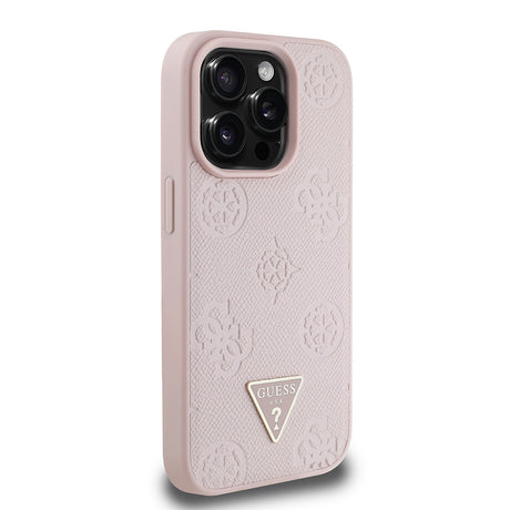 Apple iPhone 15 Pro Max Kılıf Guess Orjinal Lisanslı M-safe Şarj Özellikli Sıcak Baskılı Üçgen Logolu PU Deri Peony Kapak